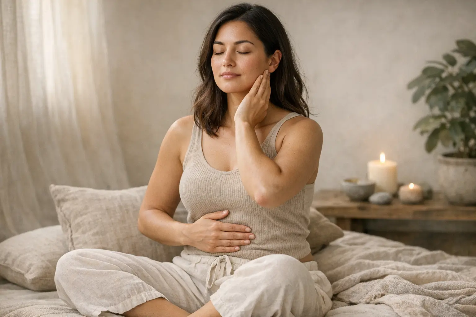 Person practicing breathing exercises and jaw massage for stress