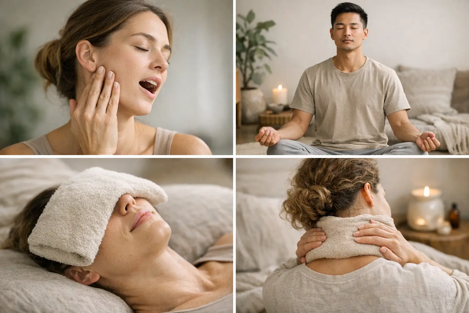 Collage of jaw pain stress-relief techniques