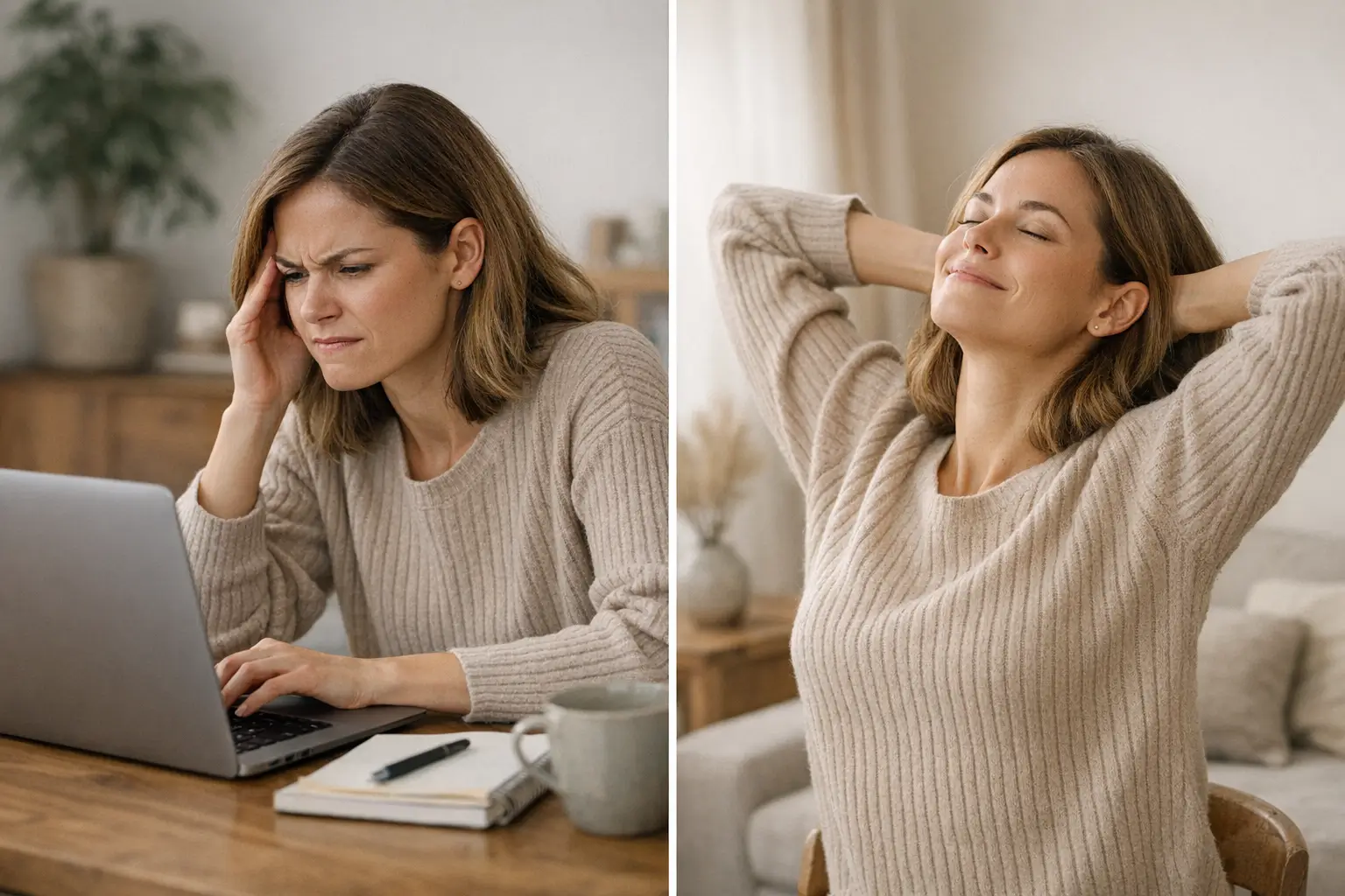 Stressed person clenching jaw, relaxed after stretching