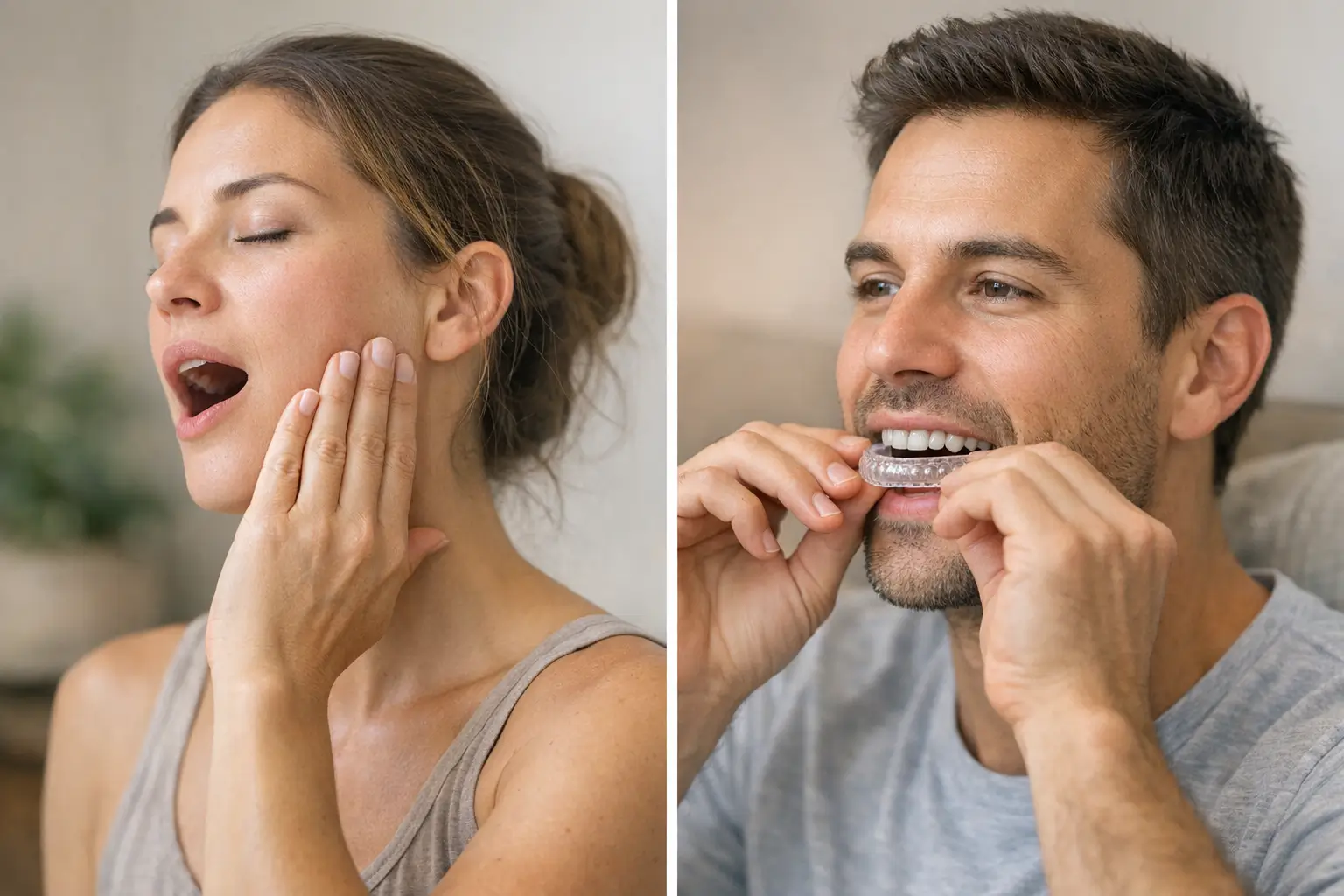 Person stretching jaw and wearing night guard