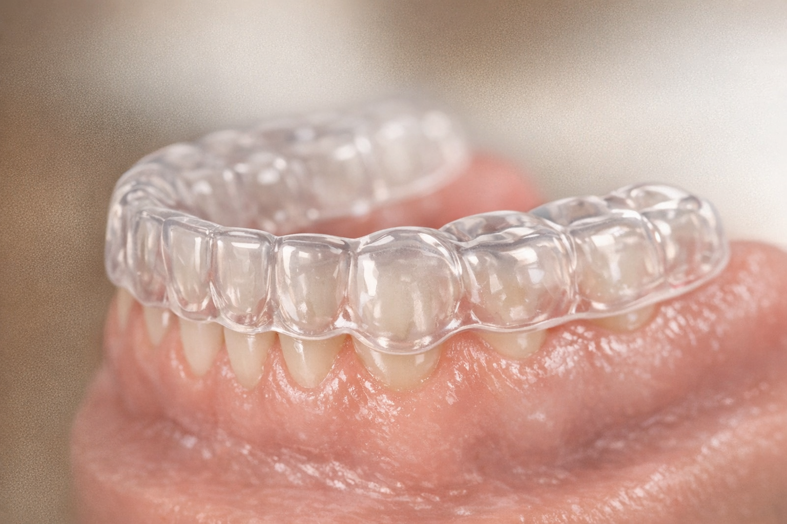 Custom acrylic night guard on upper teeth