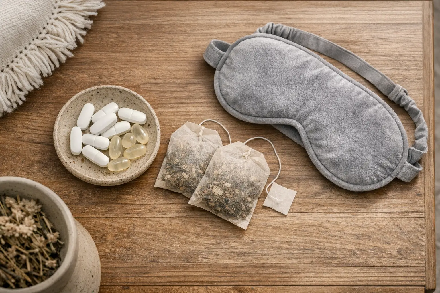 Magnesium tablets, valerian tea, sleep mask on nightstand