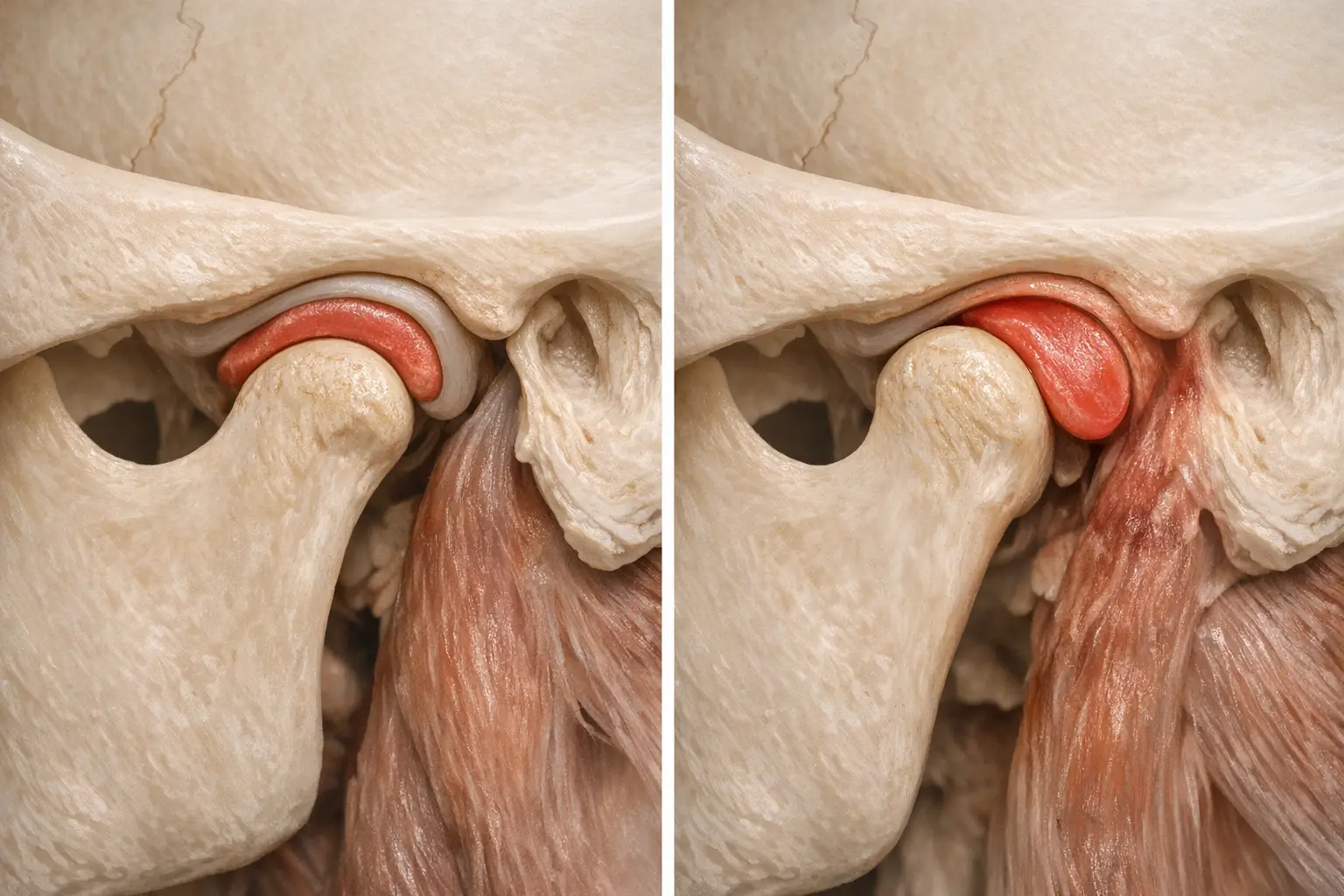 Illustration comparing balanced and displaced TMJ disc positions