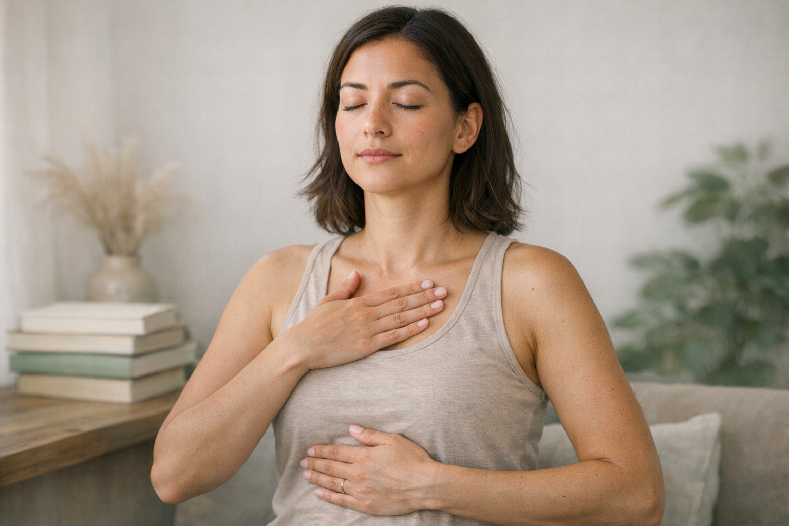 Person practicing diaphragmatic breathing with textbooks nearby