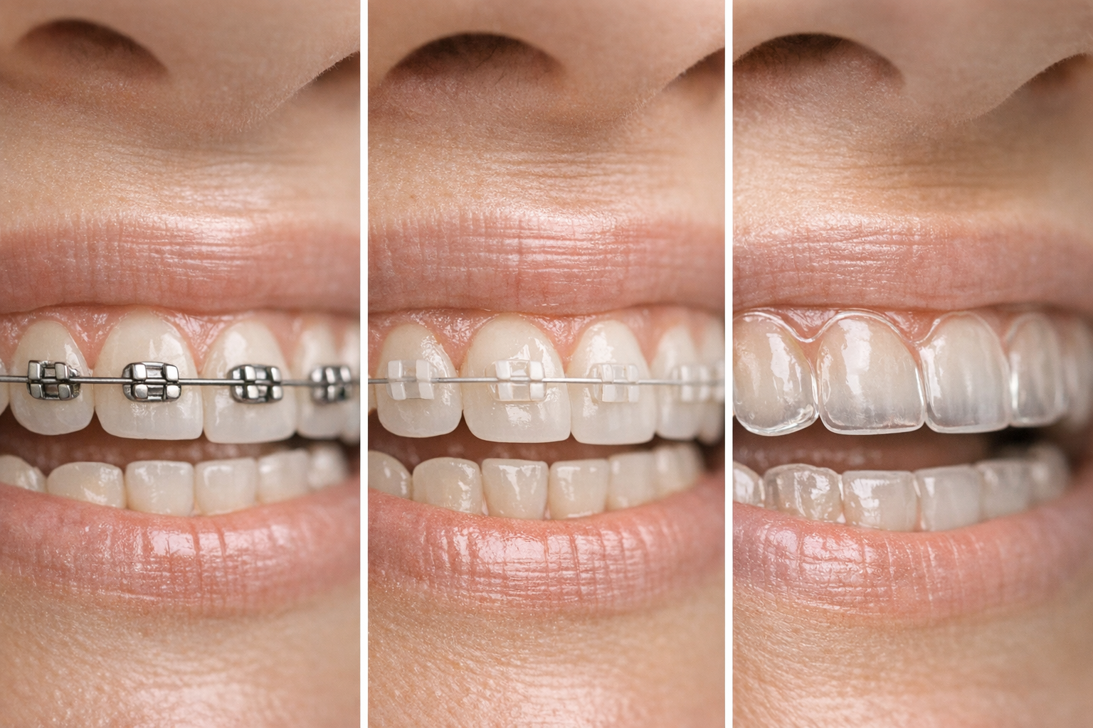 Photo collage of metal, ceramic, clear aligner braces