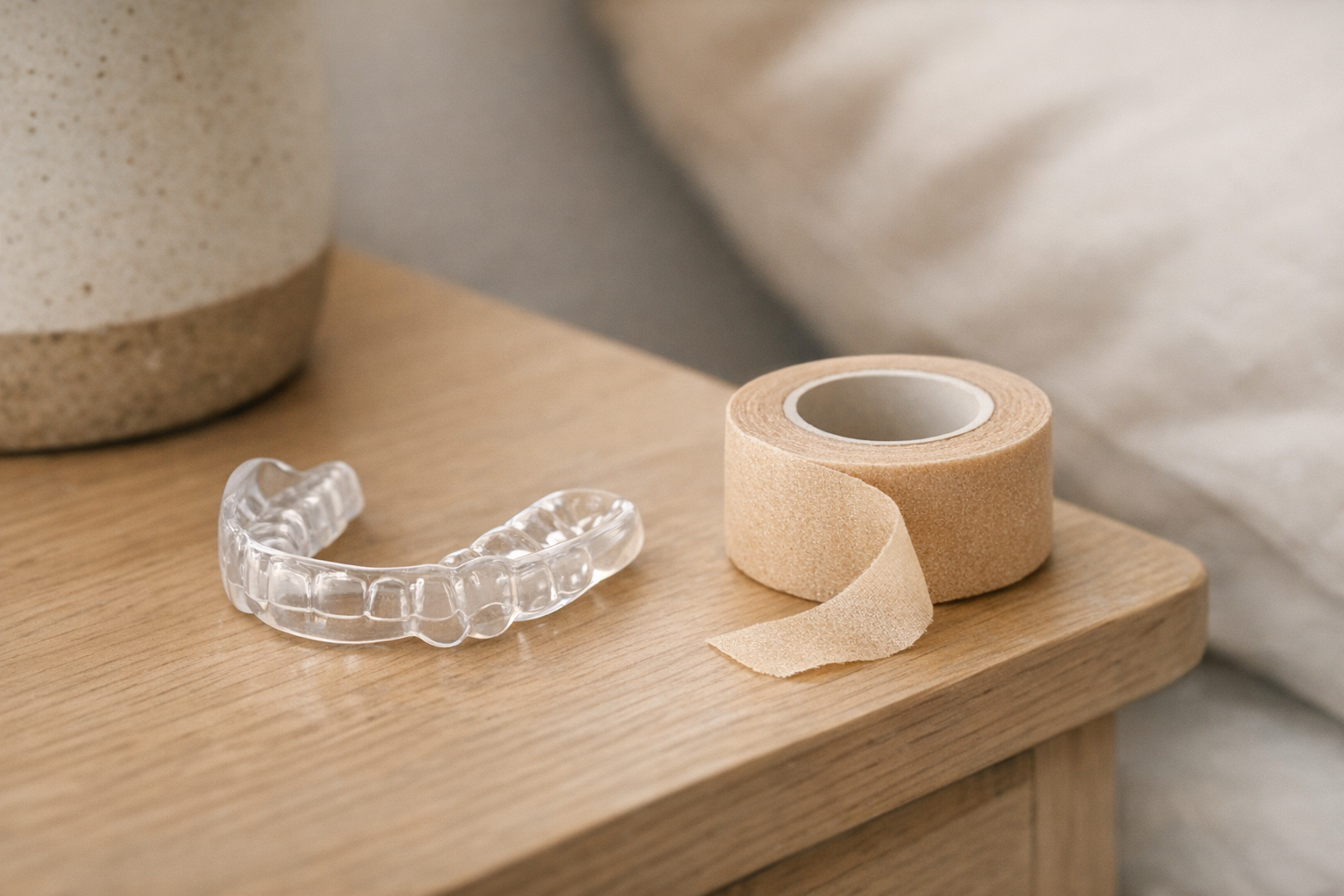 Night guard and mouth tape on bedside table