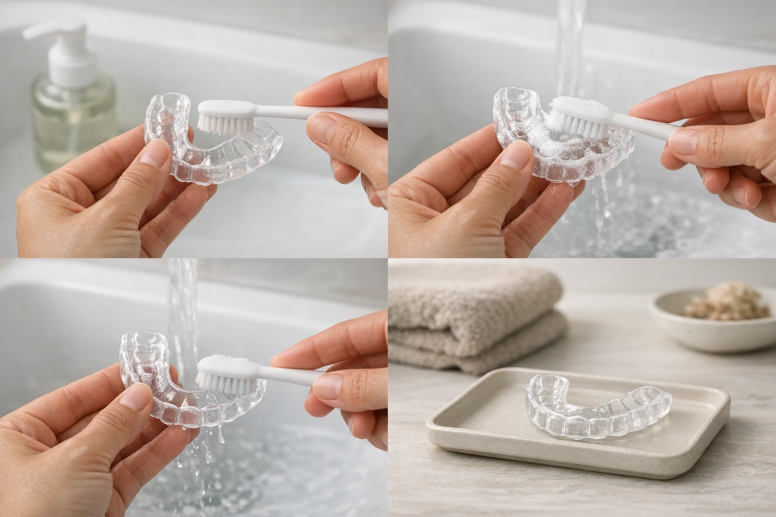 Cleaning mouth guard with toothbrush and soap steps