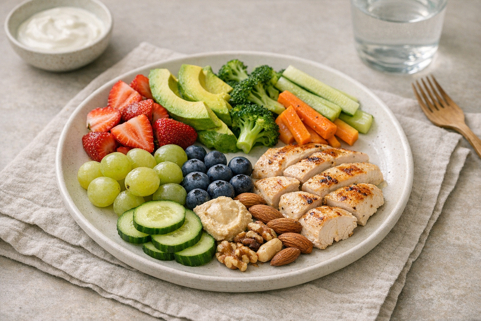 Plate of fruits, vegetables, and lean protein for jaw health