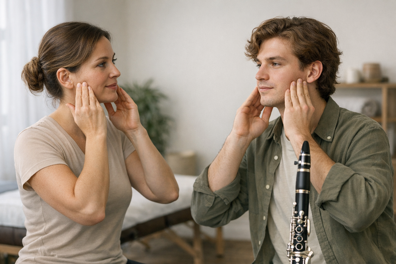 Therapist teaching jaw exercises to clarinet player