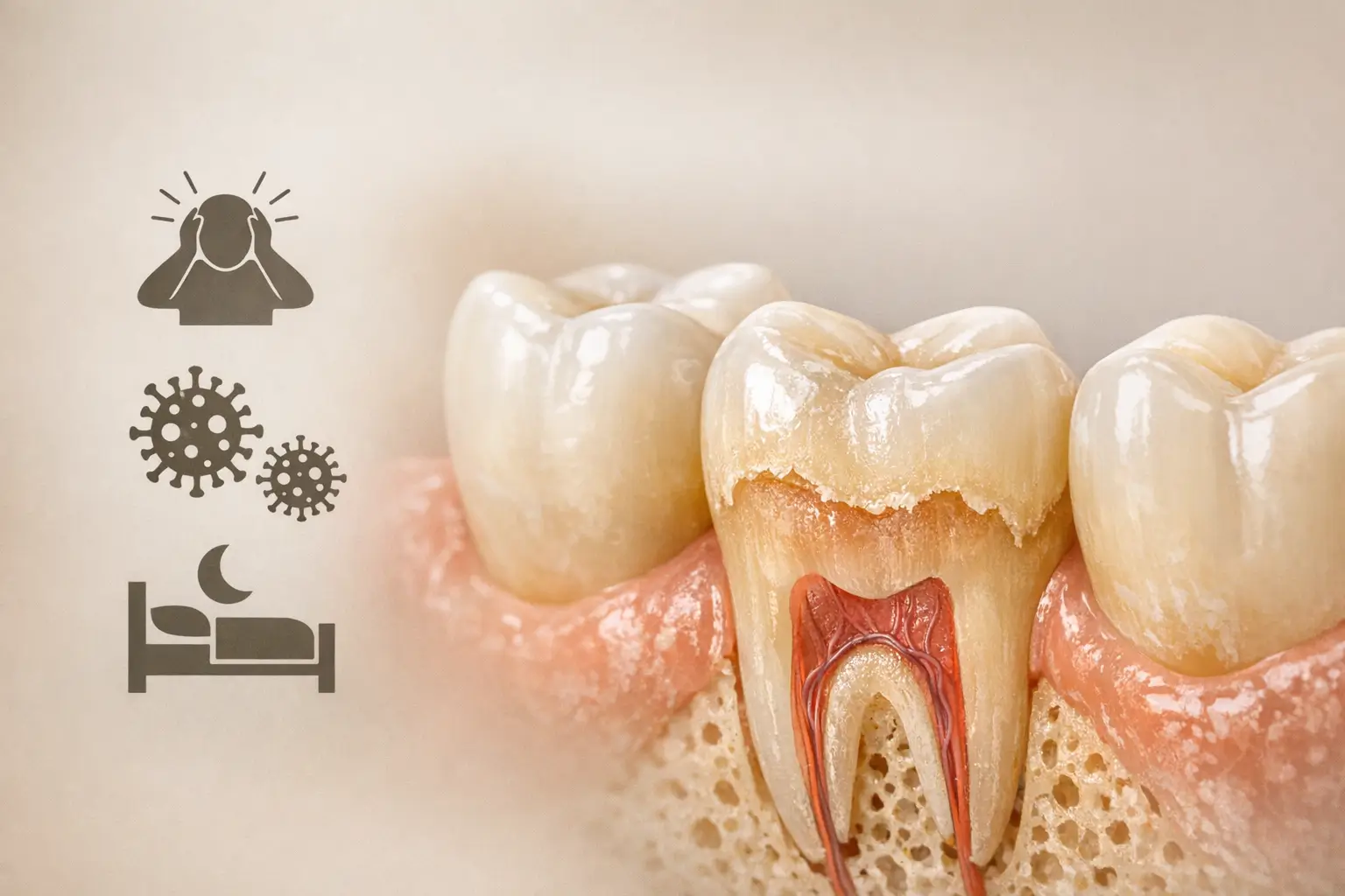 Teeth enamel erosion with stress, virus, and sleep icons