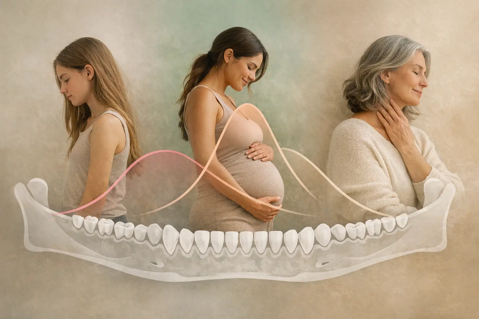 Timeline with puberty, pregnancy, menopause, and estrogen curves