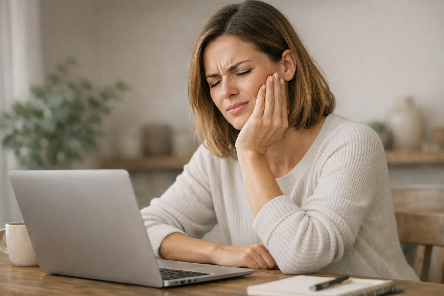 Person holding jaw in discomfort at desk