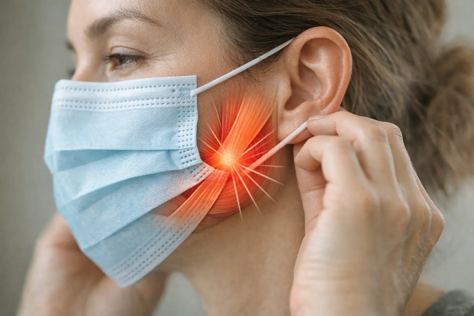 Person adjusting mask with jaw tension lines