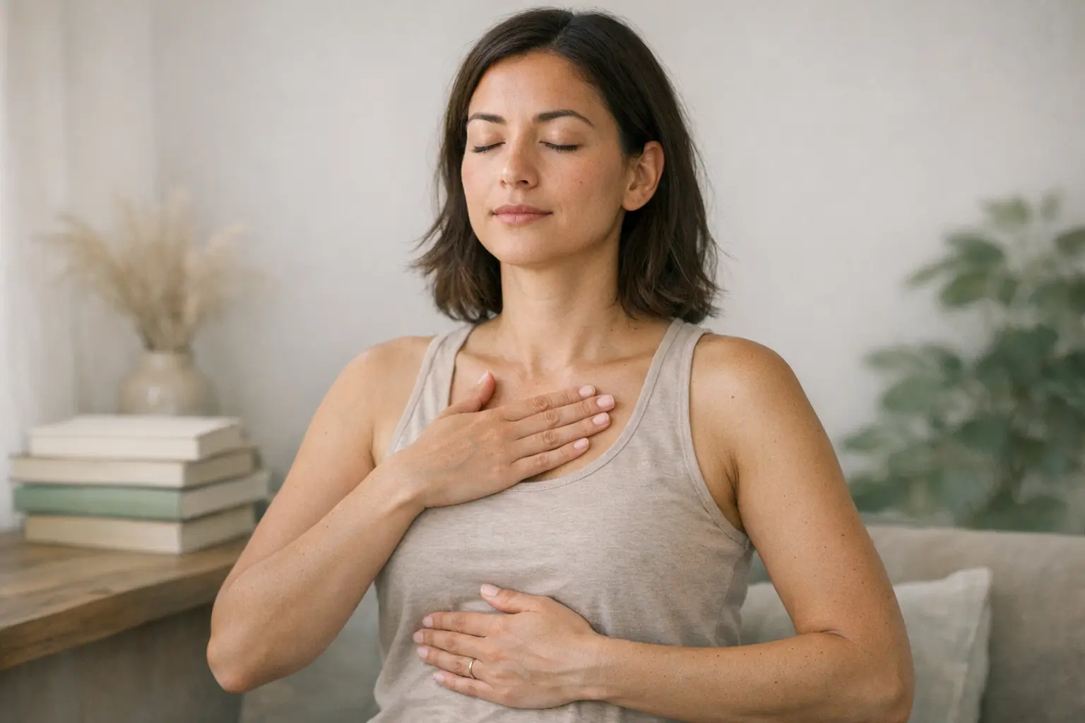 Person practicing diaphragmatic breathing with textbooks nearby