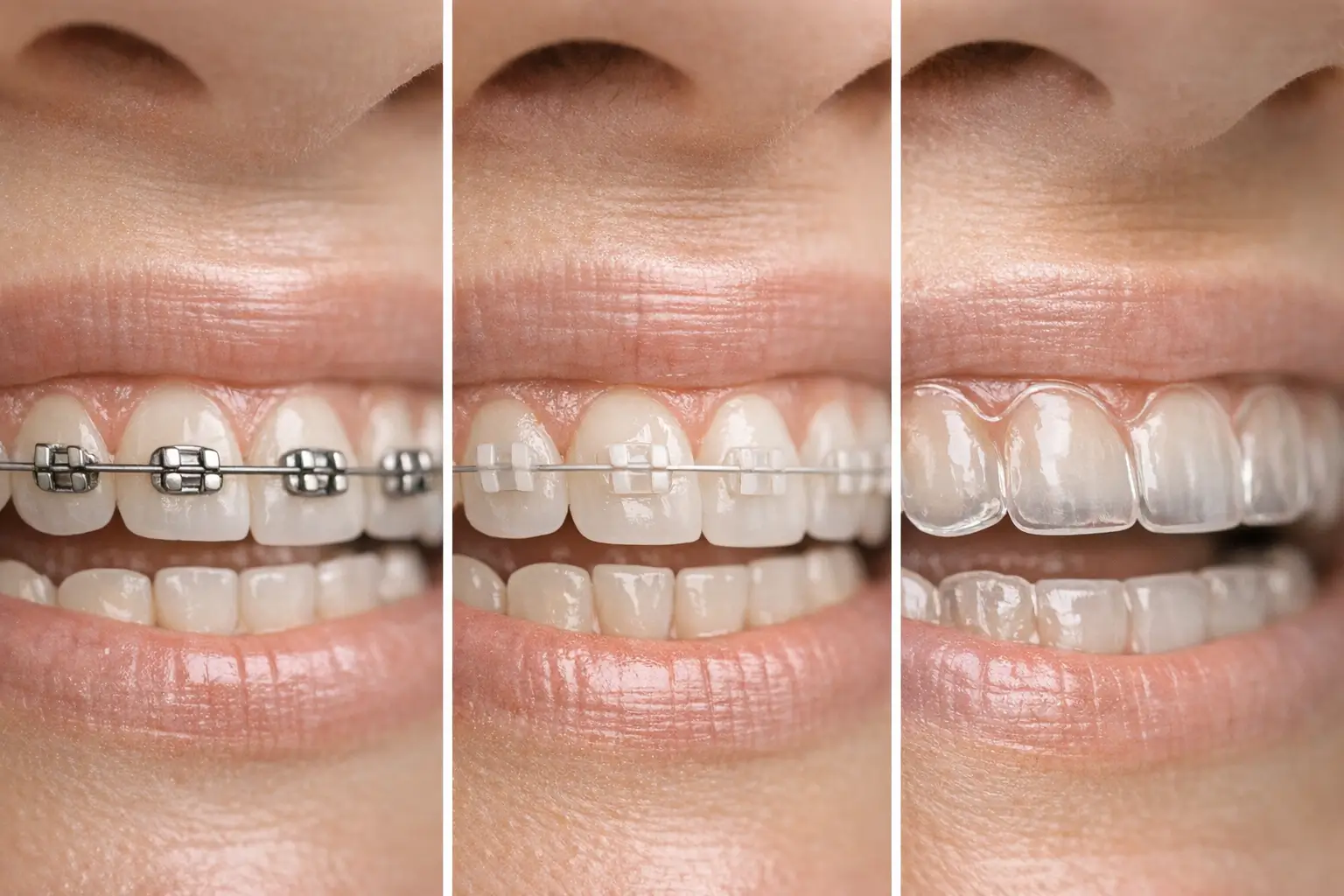 Photo collage of metal, ceramic, clear aligner braces