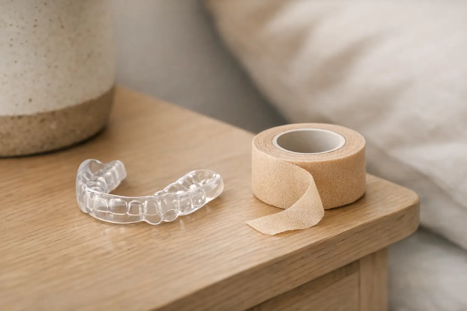 Night guard and mouth tape on bedside table