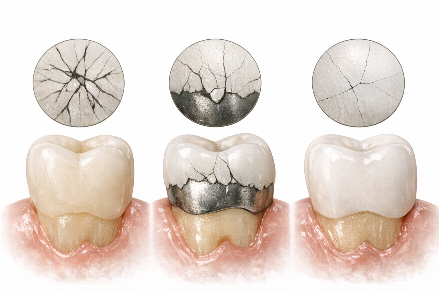 Diagram of ceramic, PFM, zirconia crowns with stress cracks