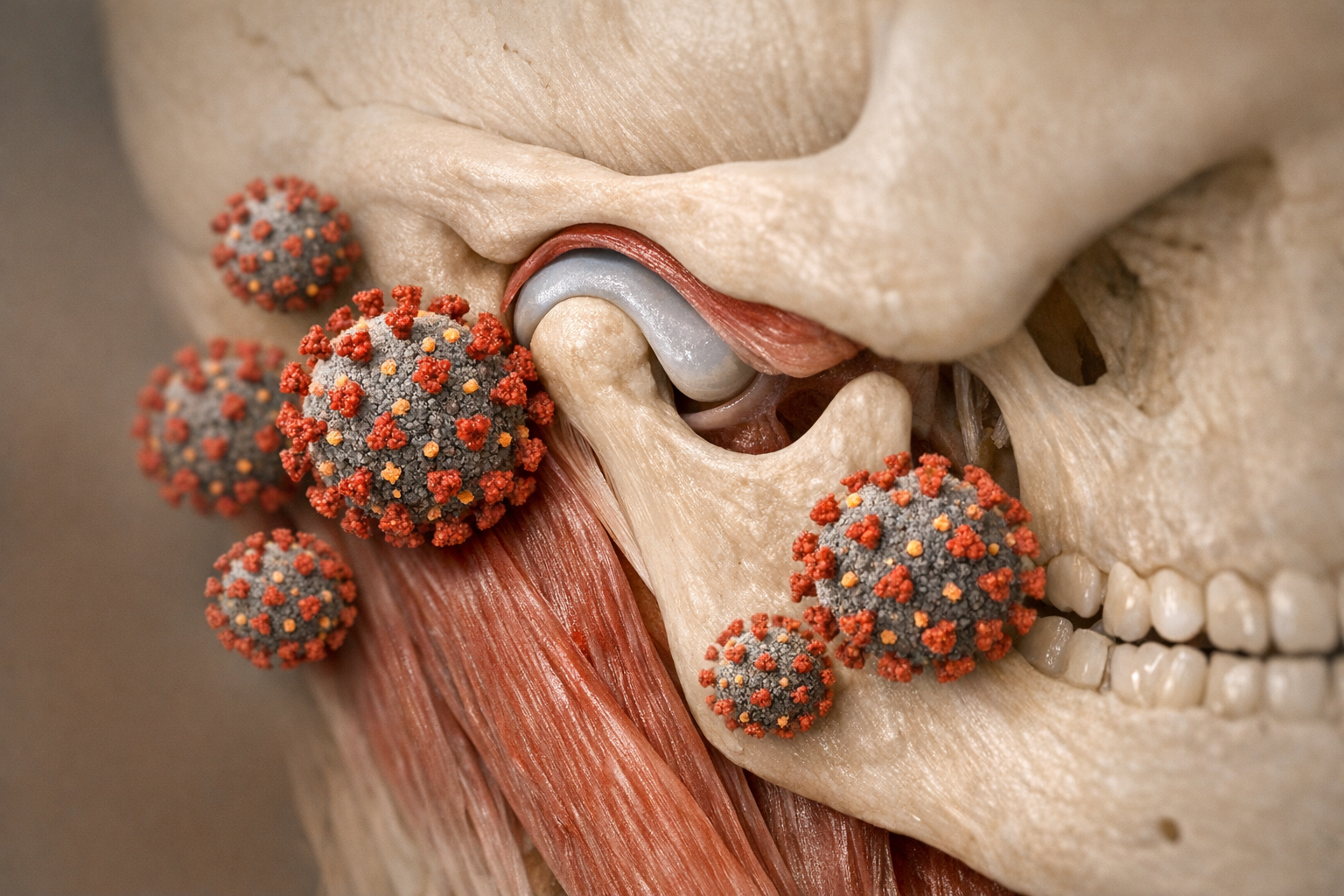 Temporomandibular joint with COVID-19 particles overlay