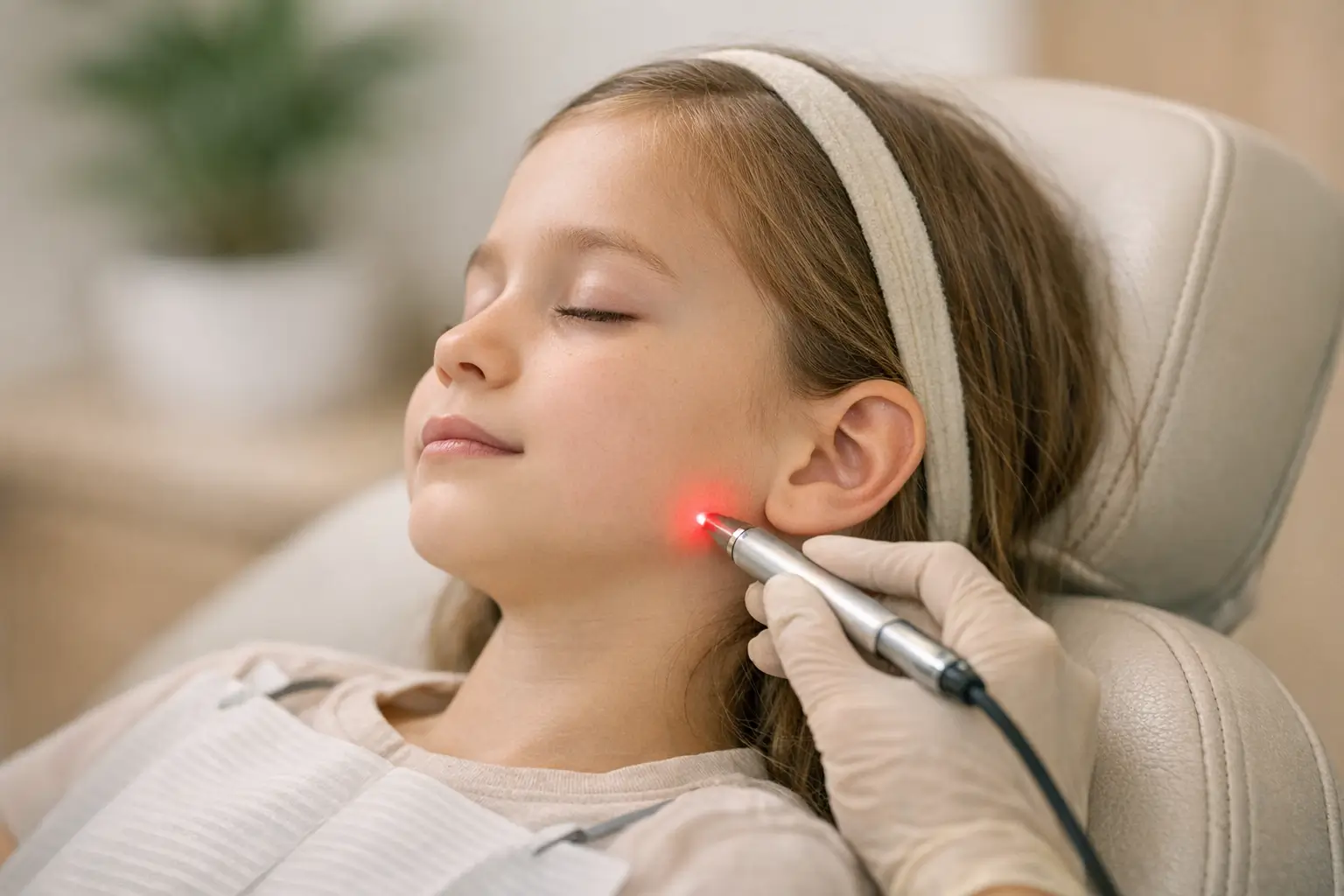 Dentist using laser on child's jaw acupuncture point