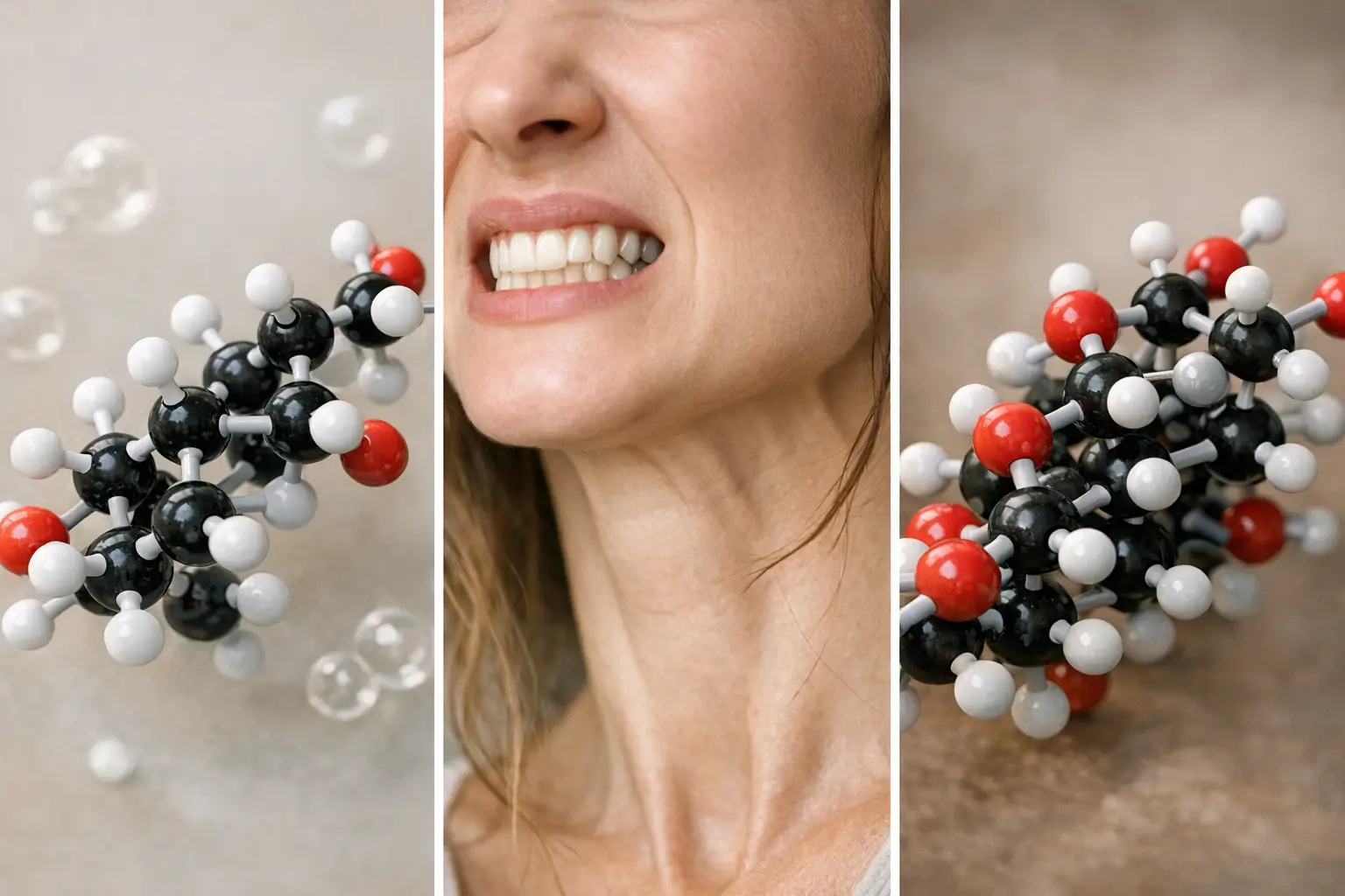 Estrogen and cortisol molecules with clenched jaw in center