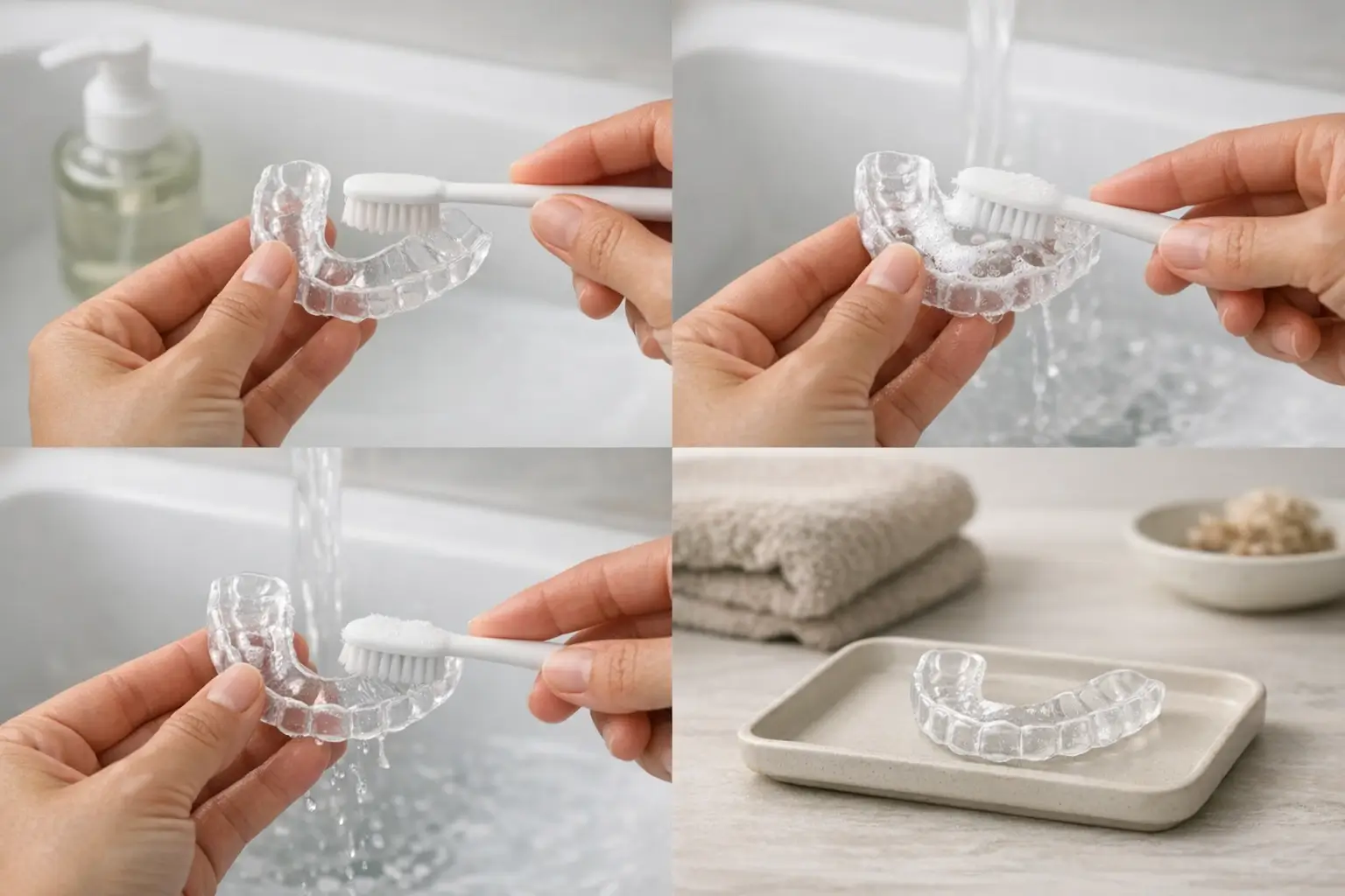 Cleaning mouth guard with toothbrush and soap steps