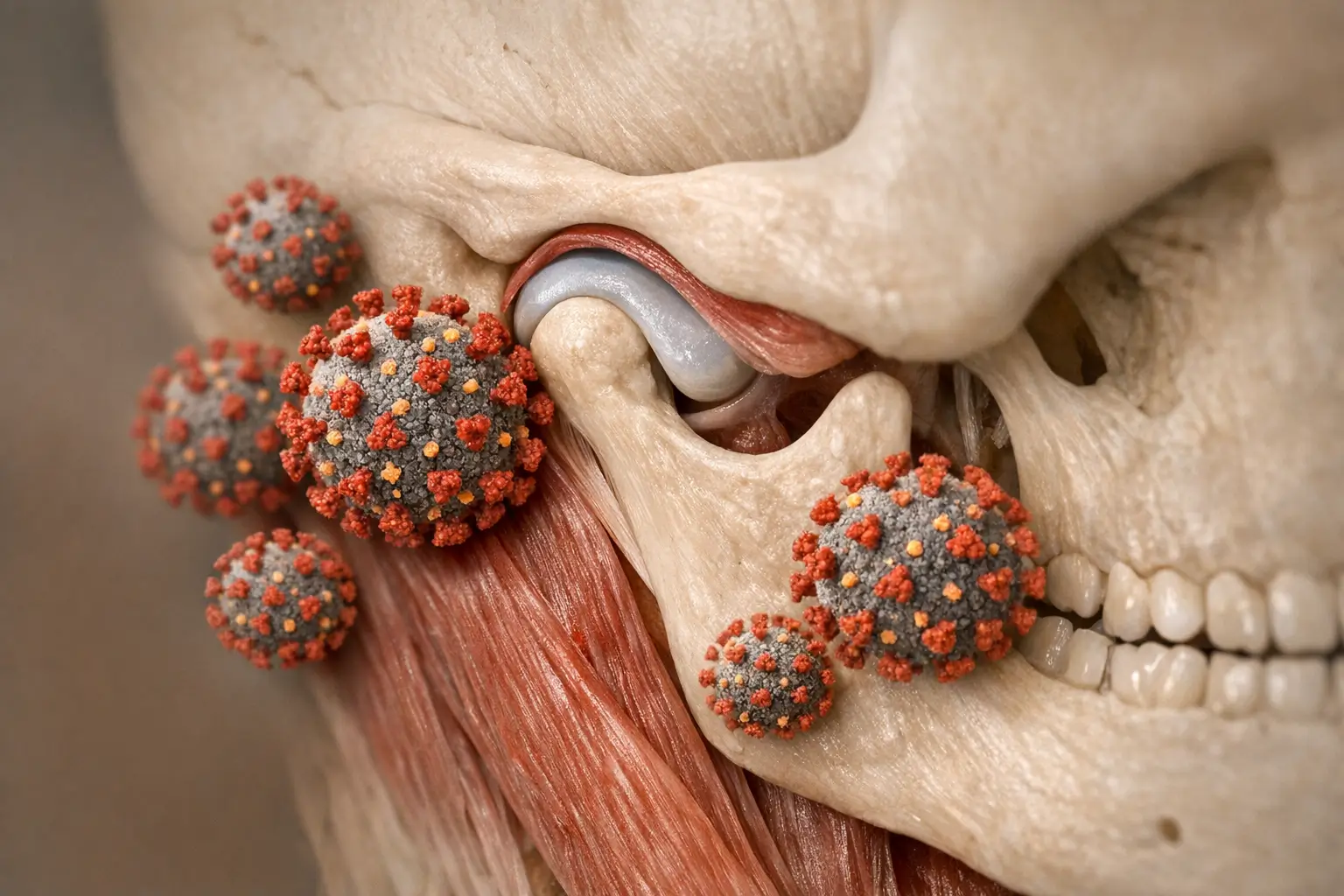Temporomandibular joint with COVID-19 particles overlay