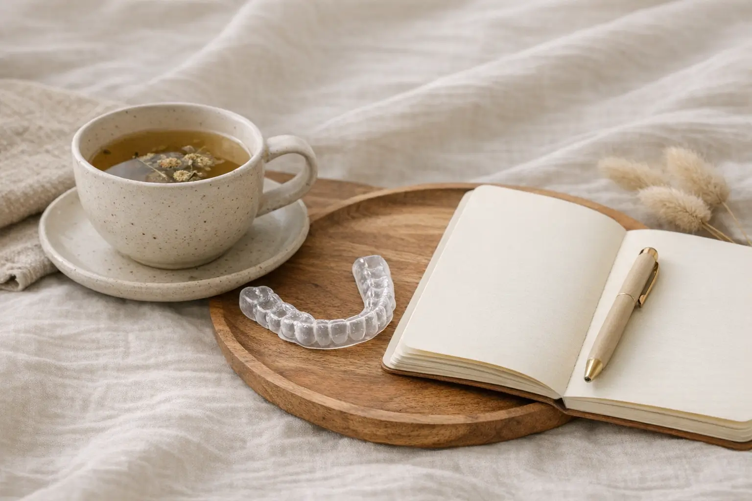 Morning routine with herbal tea, journal, night guard