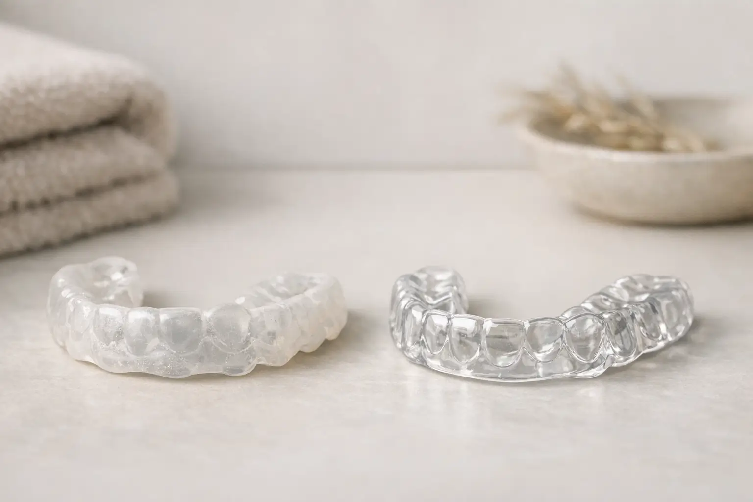 Boil-and-bite guard beside custom dental night guard
