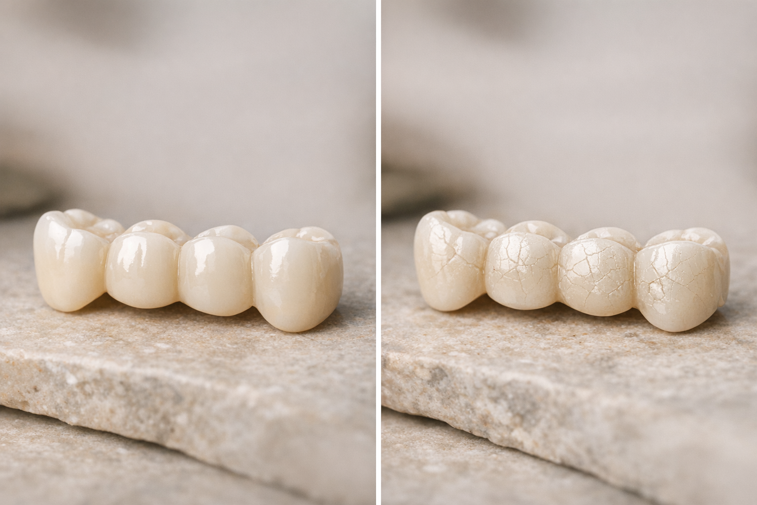 Dental bridge photos pre- and post-grinding micro-fractures