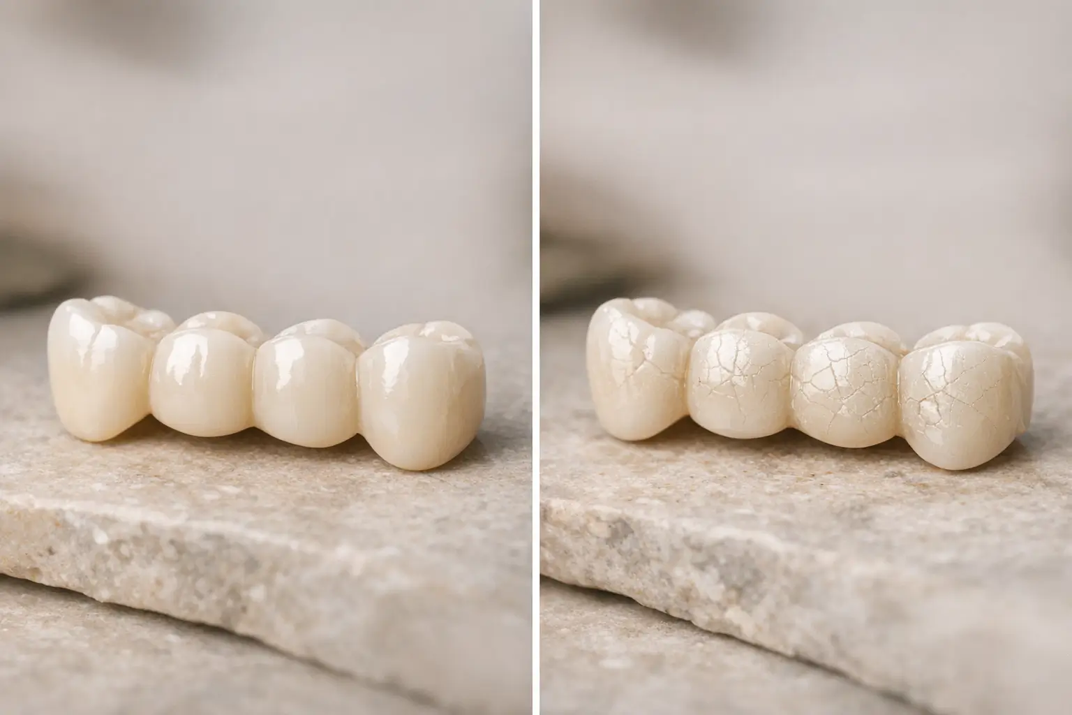 Dental bridge photos pre- and post-grinding micro-fractures