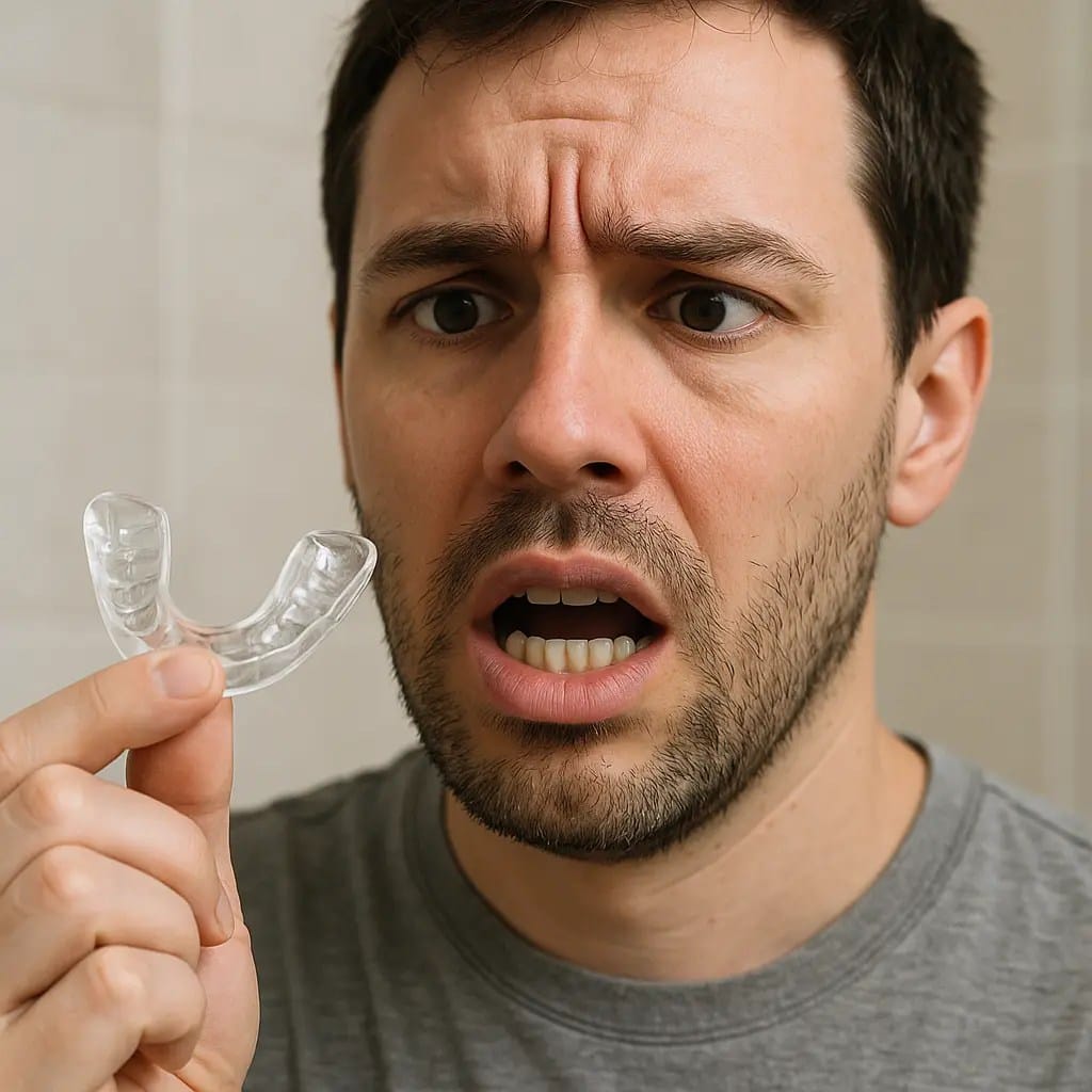 Man looking in surprise at his nightguard