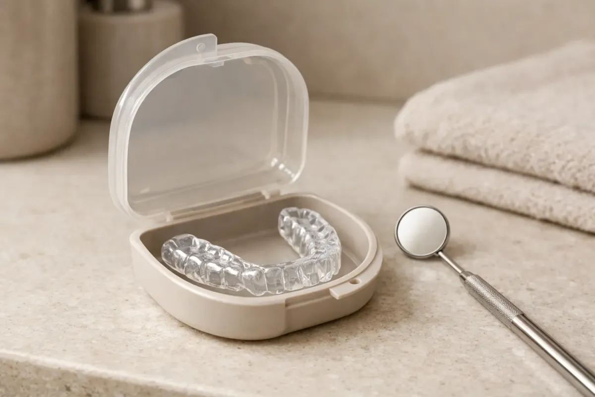 A clear acrylic dental night guard in an open case next to a dental mirror on a bathroom counter