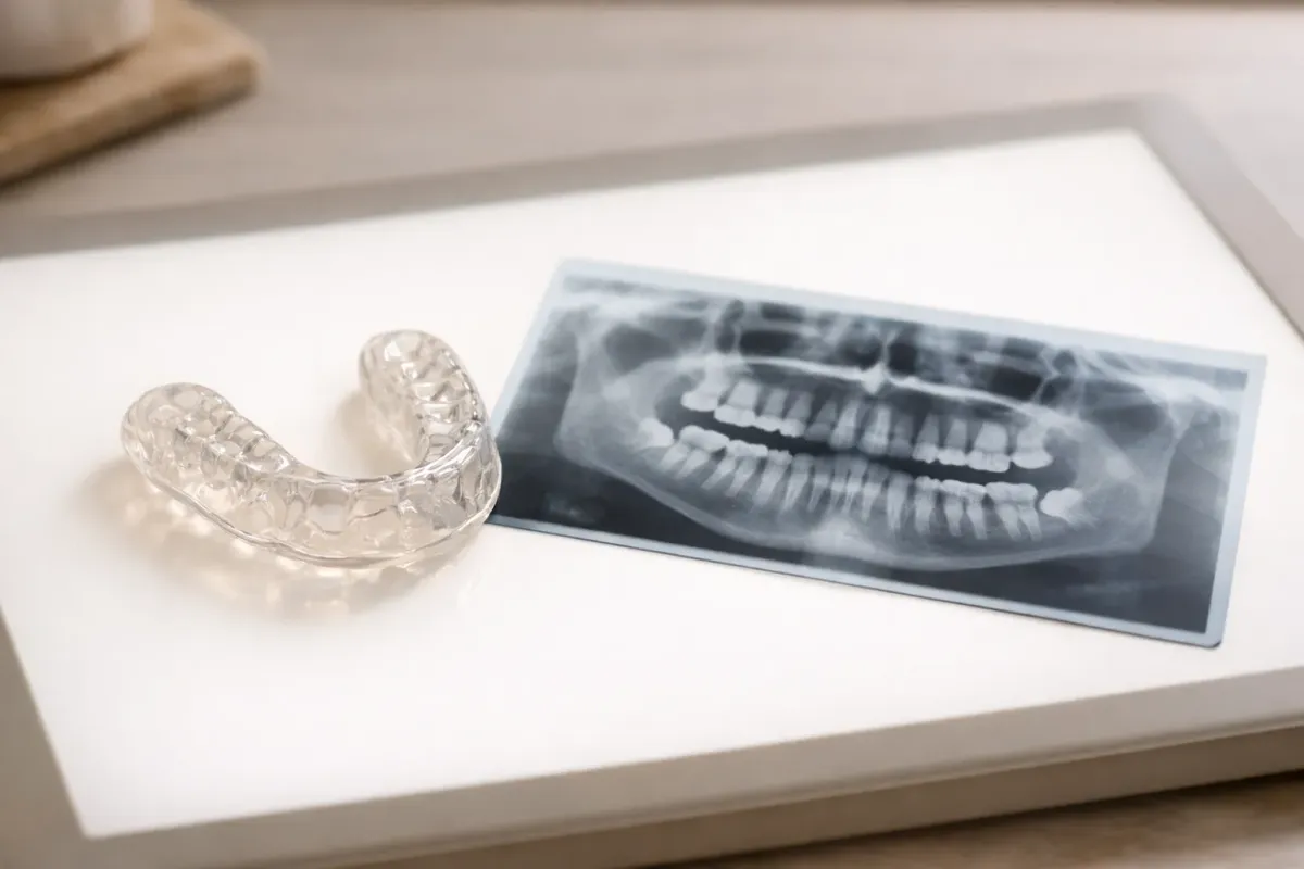 A clear acrylic dental night guard beside a dental x-ray film on a light table, clinical but warm