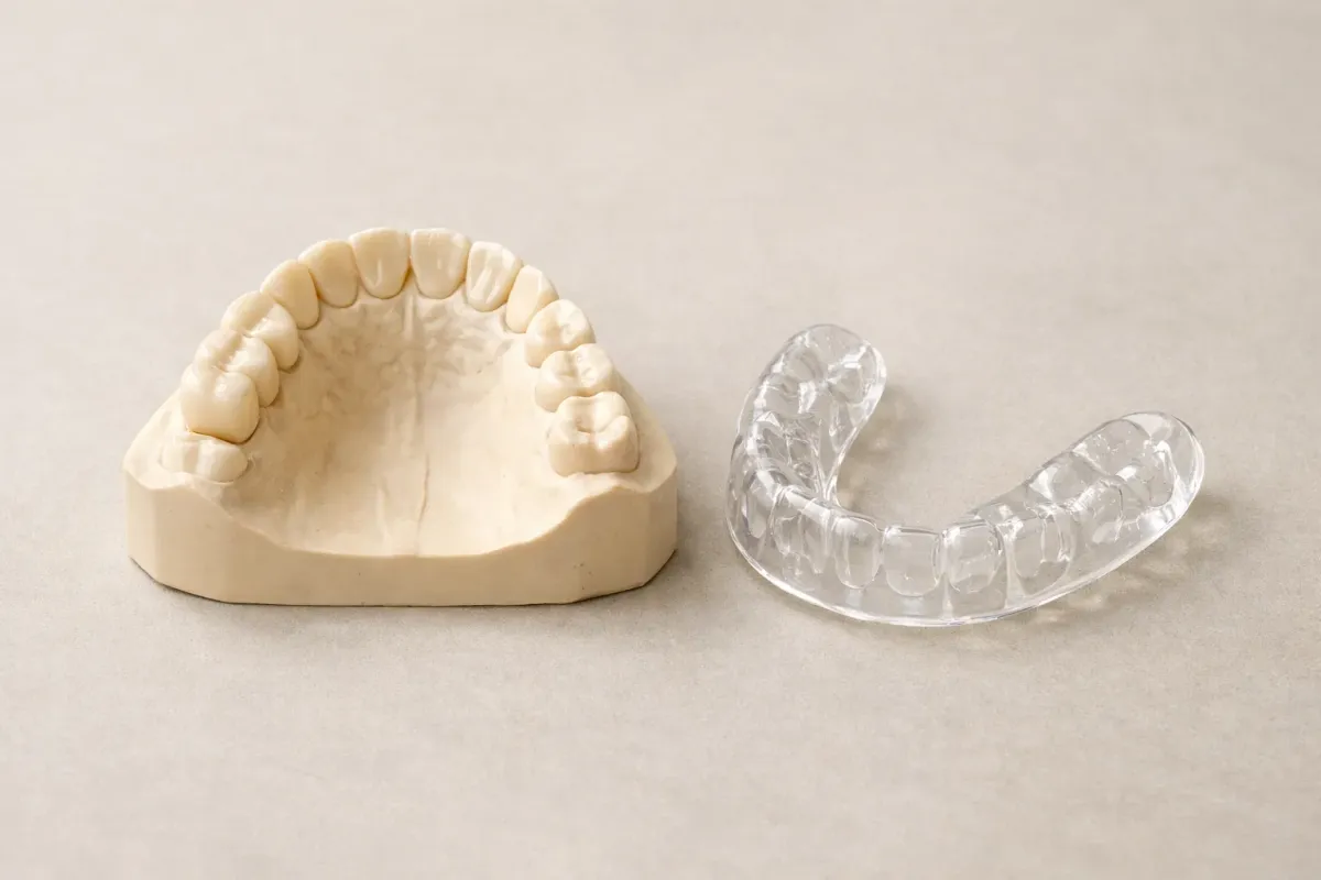 A dental model of an upper arch with a three-unit bridge beside a clear hard night guard, on a neutral backdrop