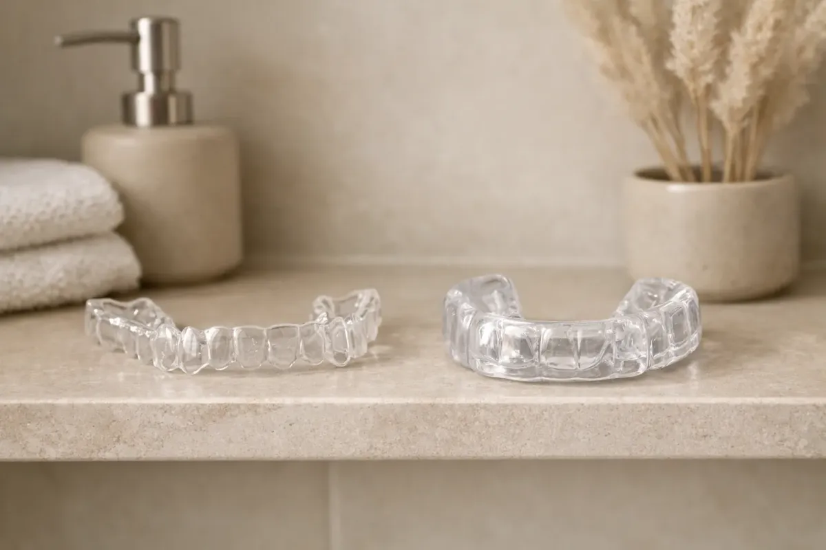A clear orthodontic retainer and a thicker clear night guard side by side on a bathroom shelf