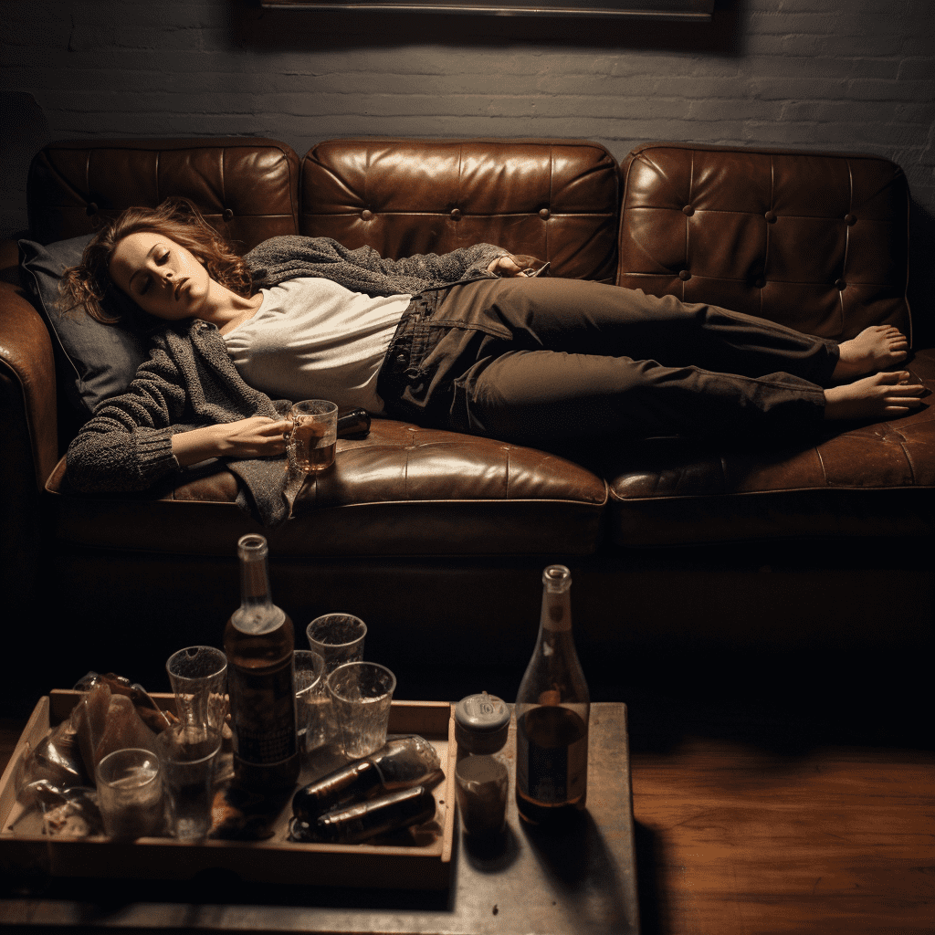 woman sleeping on couch with alcohol nearby