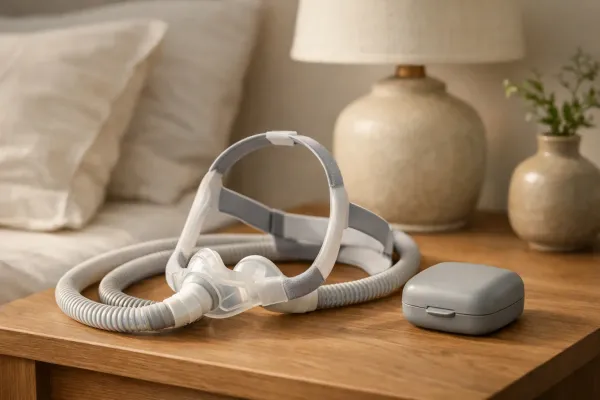 A cpap nasal mask and tubing on a bedside table next to a small night guard case, calm bedroom, morning light