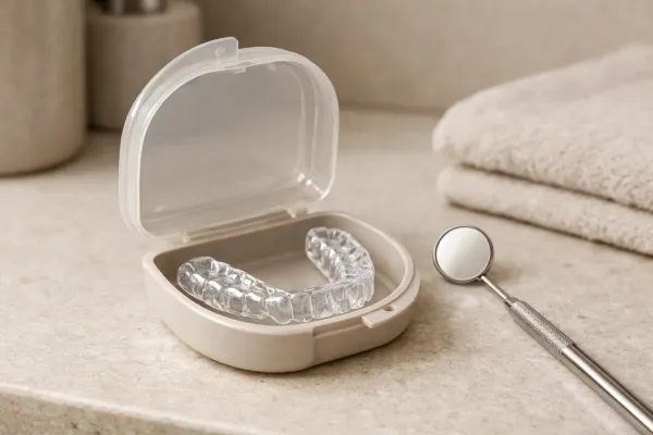 A clear acrylic dental night guard in an open case next to a dental mirror on a bathroom counter