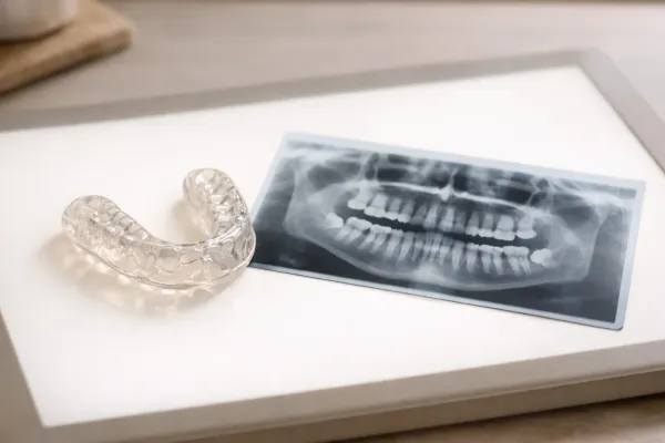 A clear acrylic dental night guard beside a dental x-ray film on a light table, clinical but warm