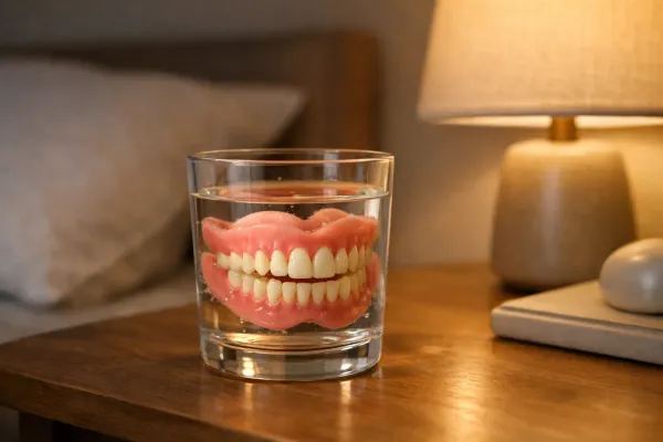 A full denture soaking in a clear glass of water on a bedside table at night, soft lamp light