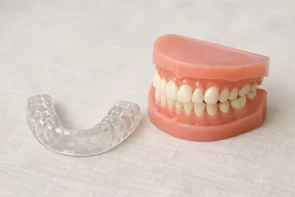 A clear hard acrylic dental night guard resting beside a dental model of teeth with one ceramic crown, on a pale linen s