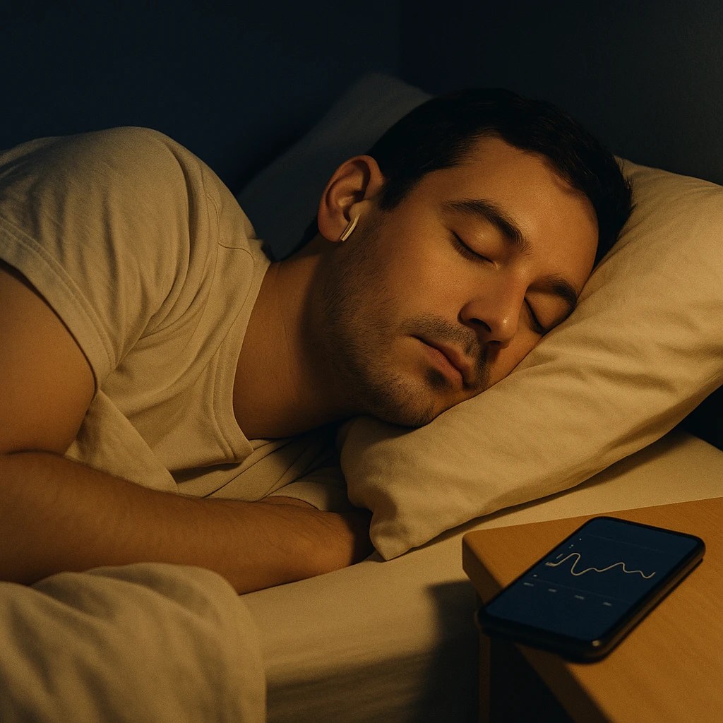 man wearing earables to sleep